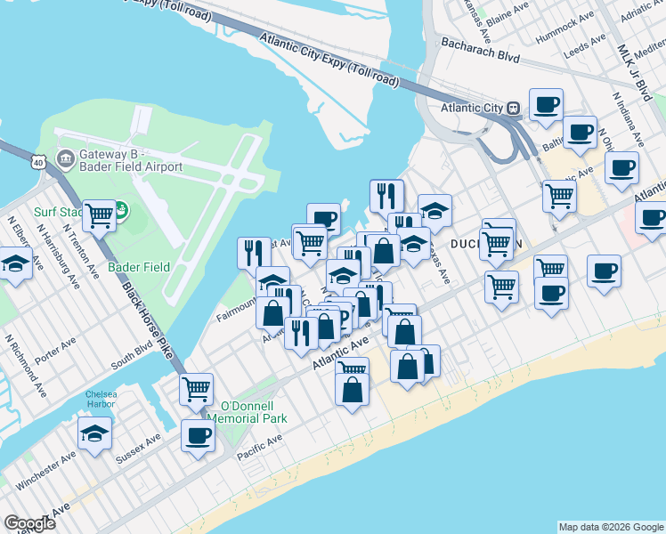 map of restaurants, bars, coffee shops, grocery stores, and more near 208 North Brighton Avenue in Atlantic City