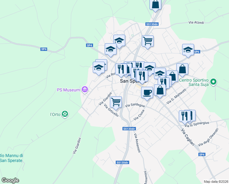 map of restaurants, bars, coffee shops, grocery stores, and more near 11 Via Decimo in San Sperate
