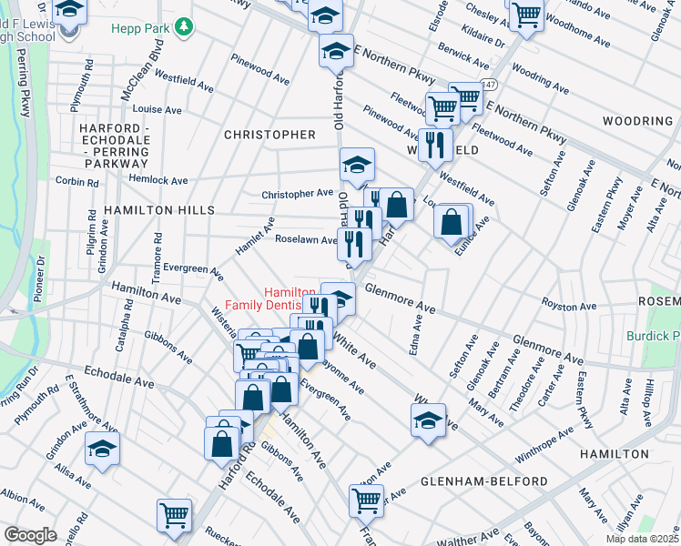 map of restaurants, bars, coffee shops, grocery stores, and more near 2926 Glenmore Avenue in Baltimore
