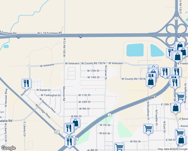 map of restaurants, bars, coffee shops, grocery stores, and more near 714 West 14th Street in Greensburg
