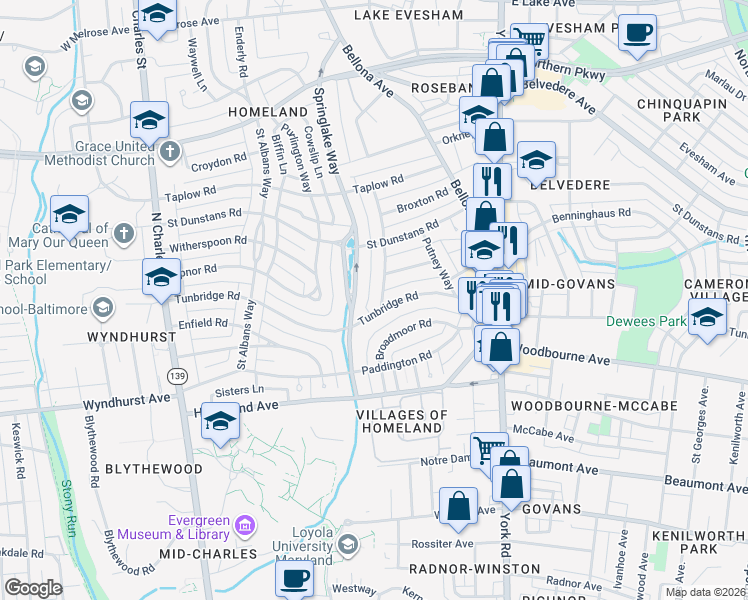 map of restaurants, bars, coffee shops, grocery stores, and more near 5200 Tilbury Way in Baltimore