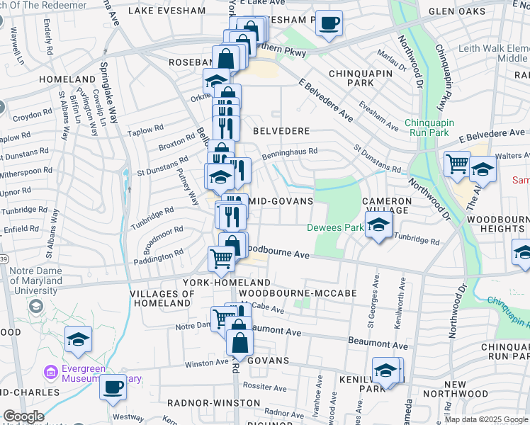 map of restaurants, bars, coffee shops, grocery stores, and more near 5513 Ready Avenue in Baltimore