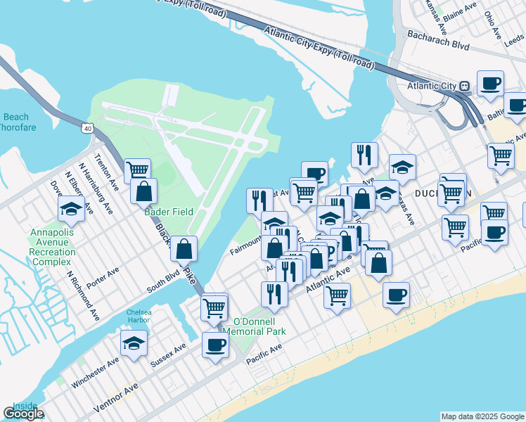 map of restaurants, bars, coffee shops, grocery stores, and more near 228 North Montpelier Avenue in Atlantic City