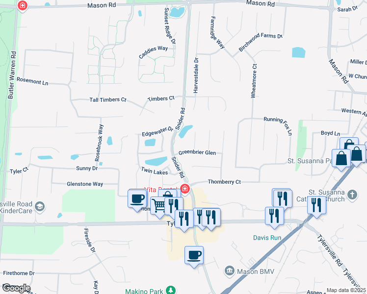 map of restaurants, bars, coffee shops, grocery stores, and more near 6182 Greenbrier Glen in Mason