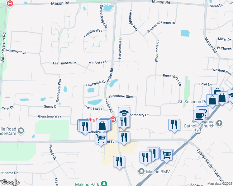 map of restaurants, bars, coffee shops, grocery stores, and more near 6182 Greenbrier Glen in Mason