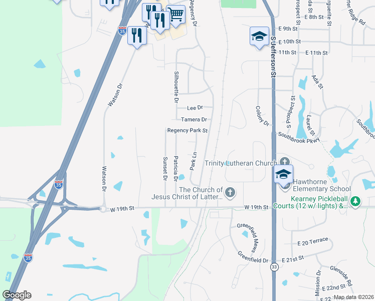 map of restaurants, bars, coffee shops, grocery stores, and more near 402 West 18th Street Circle in Kearney
