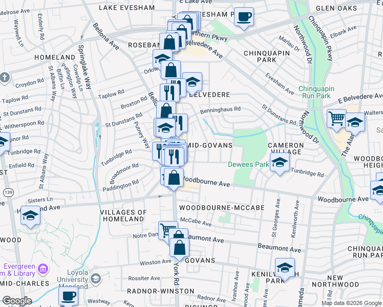 map of restaurants, bars, coffee shops, grocery stores, and more near 5506 Ready Avenue in Baltimore