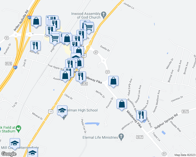 map of restaurants, bars, coffee shops, grocery stores, and more near 209 Middleway Pike in Inwood