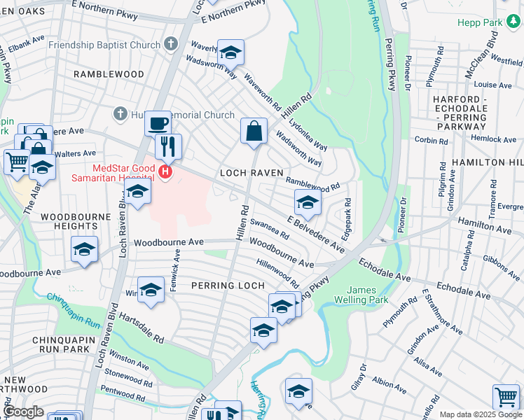 map of restaurants, bars, coffee shops, grocery stores, and more near 1715 East Belvedere Avenue in Baltimore