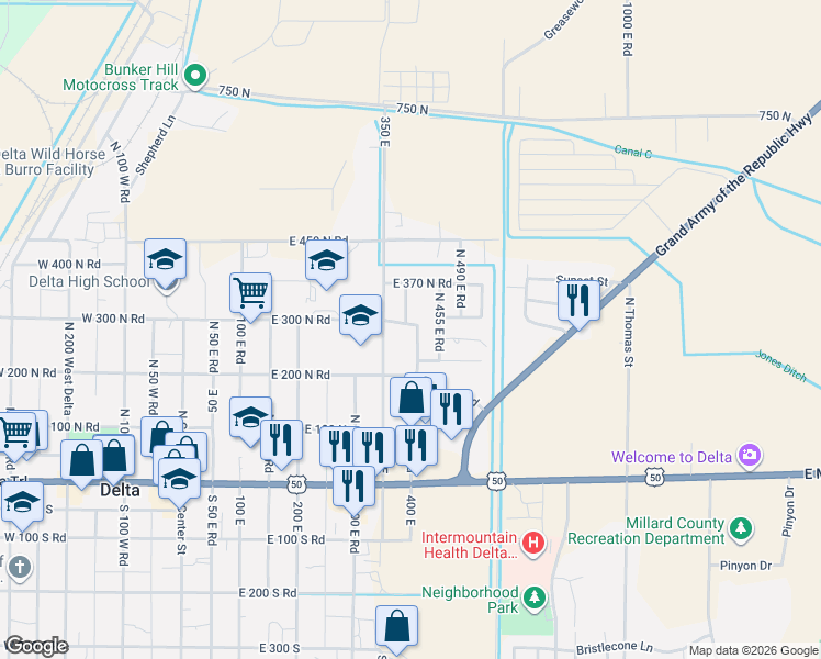 map of restaurants, bars, coffee shops, grocery stores, and more near 418 East 300 North Road in Delta
