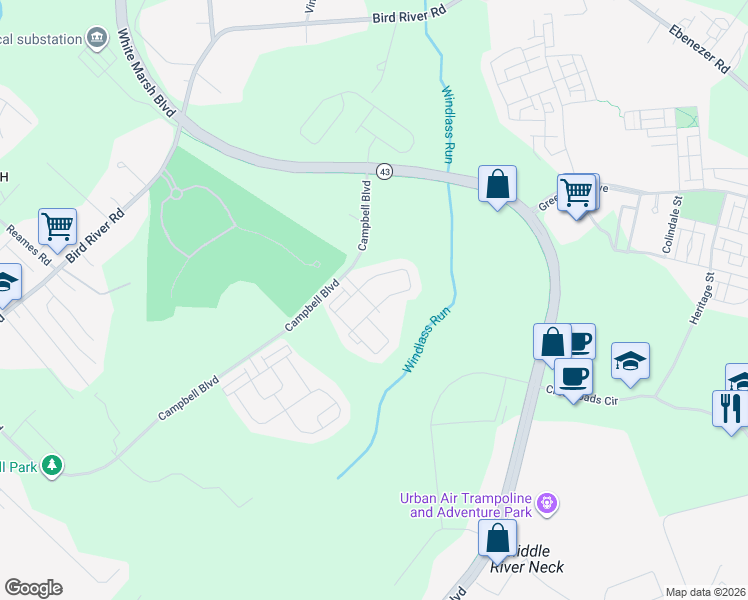 map of restaurants, bars, coffee shops, grocery stores, and more near 10502 Braddock Run Road in Middle River