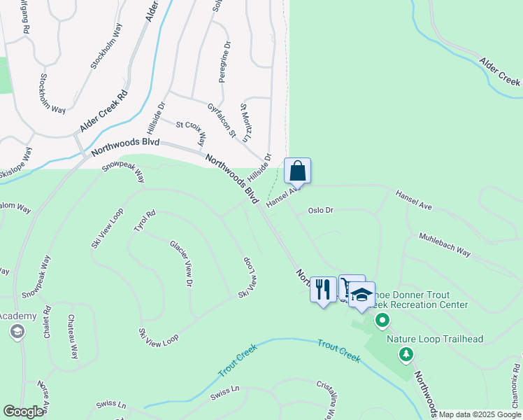 map of restaurants, bars, coffee shops, grocery stores, and more near Northwoods Boulevard & Hansel Avenue in Truckee
