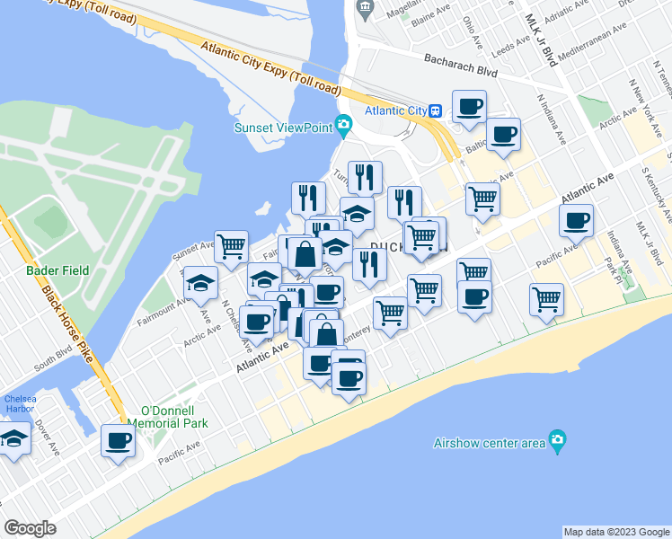 map of restaurants, bars, coffee shops, grocery stores, and more near 2634 Arctic Avenue in Atlantic City