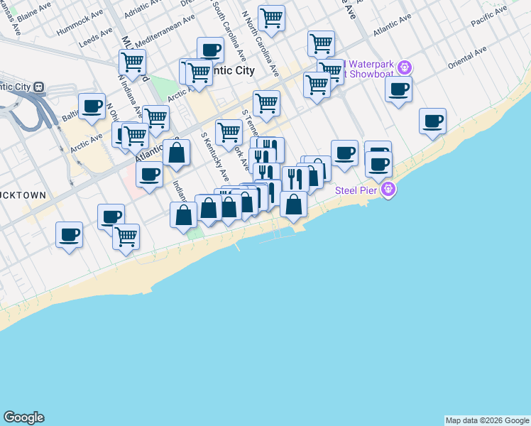 map of restaurants, bars, coffee shops, grocery stores, and more near 1513 Boardwalk in Atlantic City