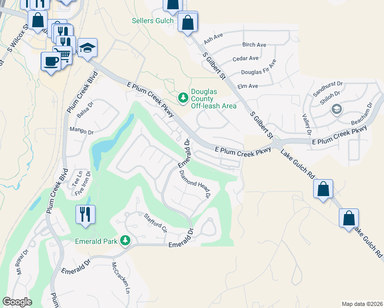 map of restaurants, bars, coffee shops, grocery stores, and more near 1328 Royal Troon Drive in Castle Rock