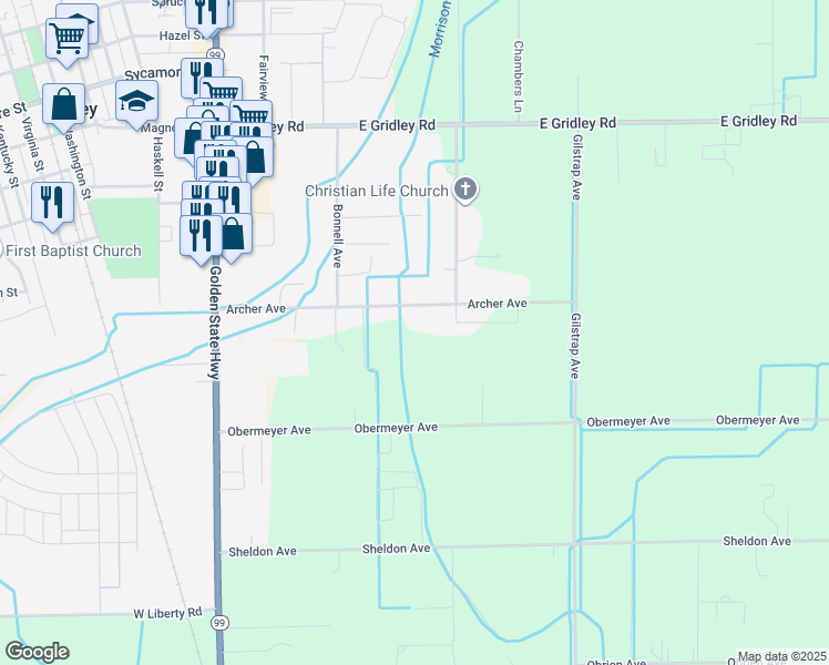 map of restaurants, bars, coffee shops, grocery stores, and more near 162 Archer Avenue in Gridley