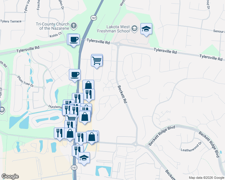 map of restaurants, bars, coffee shops, grocery stores, and more near 9005 Park Place Circle in Beckett Ridge
