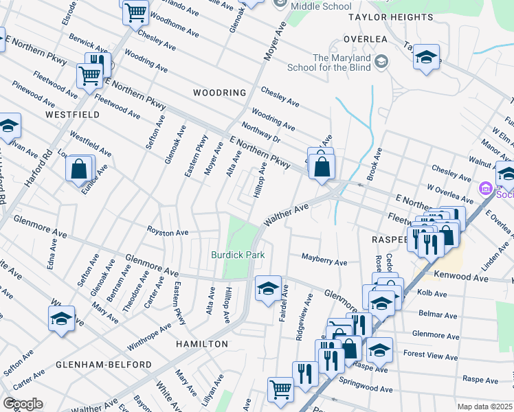 map of restaurants, bars, coffee shops, grocery stores, and more near 6501 Hilltop Avenue in Baltimore