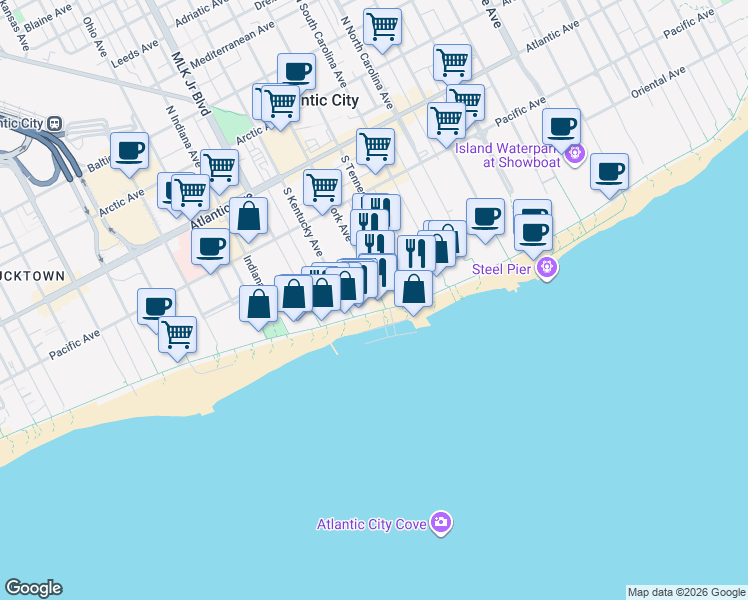 map of restaurants, bars, coffee shops, grocery stores, and more near 1517 Boardwalk in Atlantic City