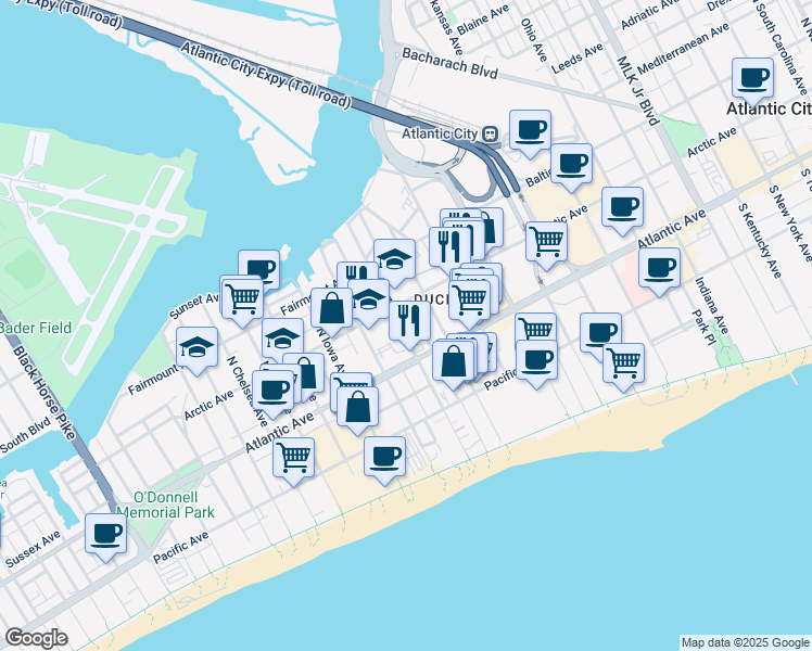 map of restaurants, bars, coffee shops, grocery stores, and more near 27 North Texas Avenue in Atlantic City
