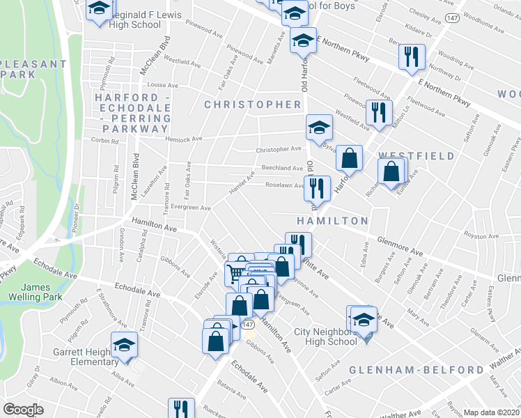 map of restaurants, bars, coffee shops, grocery stores, and more near 2804 White Avenue in Baltimore