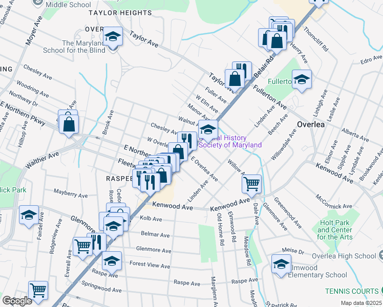 map of restaurants, bars, coffee shops, grocery stores, and more near 6903 Belair Road in Baltimore