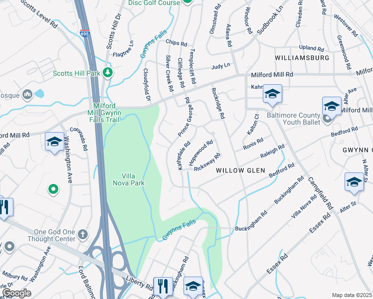 map of restaurants, bars, coffee shops, grocery stores, and more near 7420 Kathydale Road in Pikesville