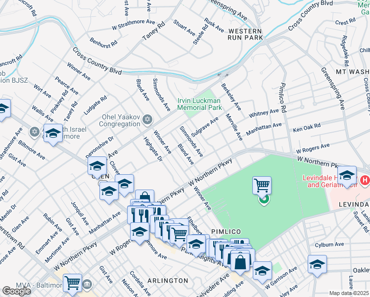 map of restaurants, bars, coffee shops, grocery stores, and more near 5715 Bland Avenue in Baltimore