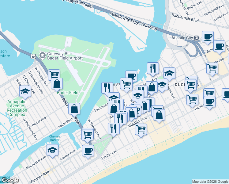 map of restaurants, bars, coffee shops, grocery stores, and more near 228 North Montpelier Avenue in Atlantic City
