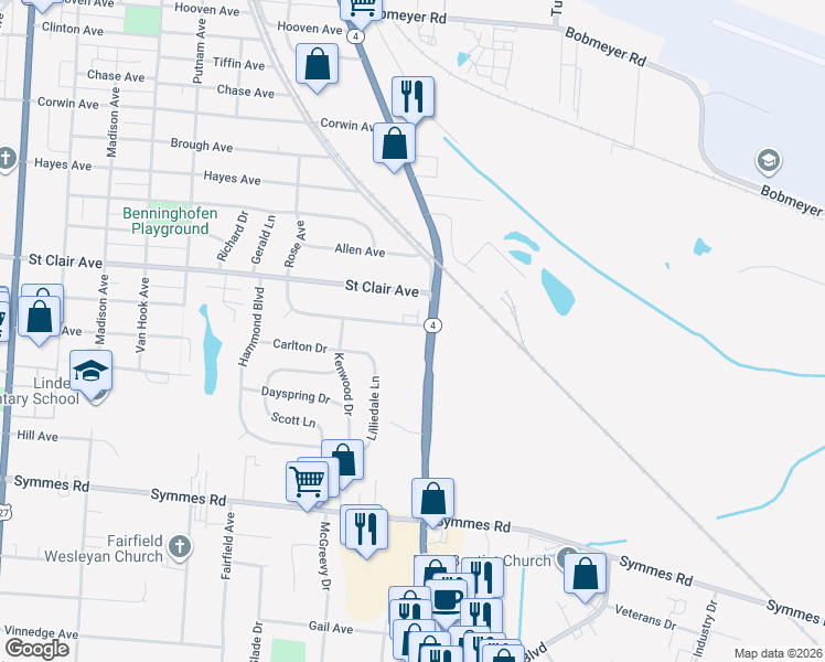 map of restaurants, bars, coffee shops, grocery stores, and more near 1193 Bishop Avenue in Hamilton