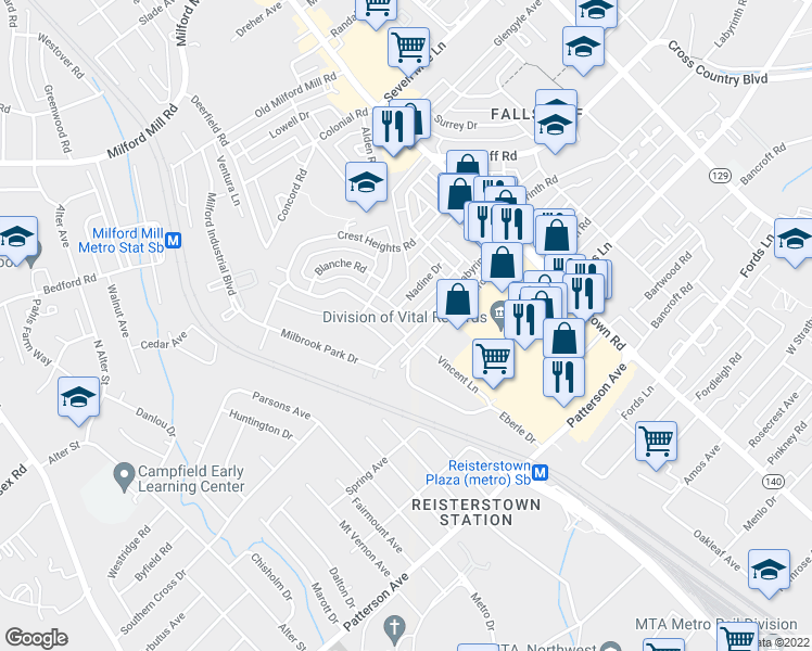 map of restaurants, bars, coffee shops, grocery stores, and more near 6803 Brookmill Road in Baltimore