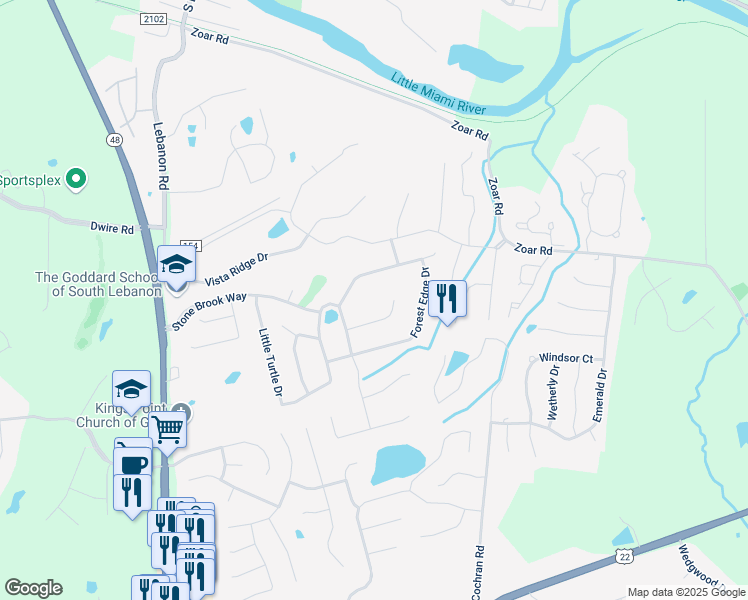 map of restaurants, bars, coffee shops, grocery stores, and more near 518 Stoney Path Court in South Lebanon