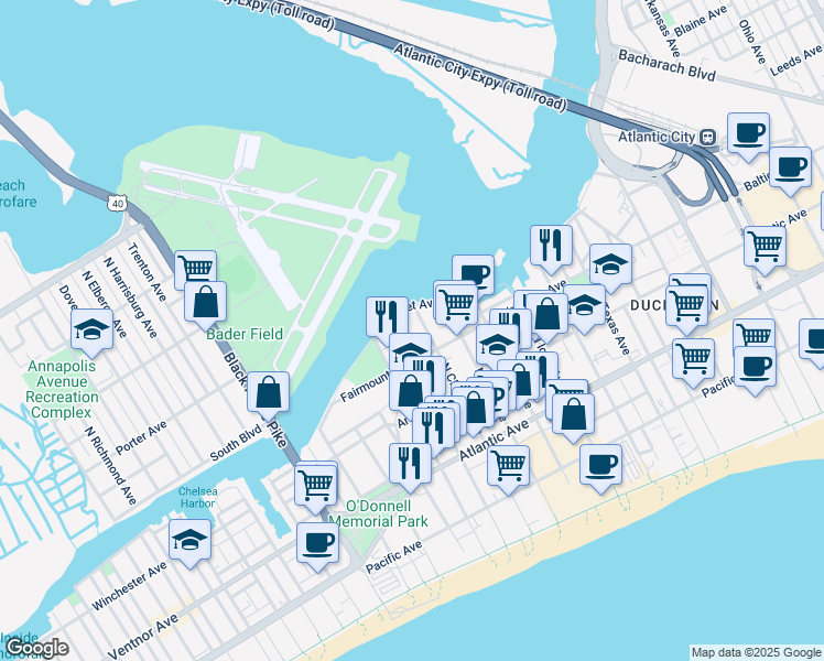 map of restaurants, bars, coffee shops, grocery stores, and more near 228 North Montpelier Avenue in Atlantic City