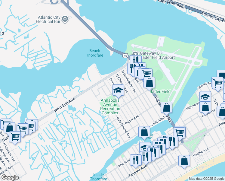 map of restaurants, bars, coffee shops, grocery stores, and more near 600 North Dover Avenue in Atlantic City