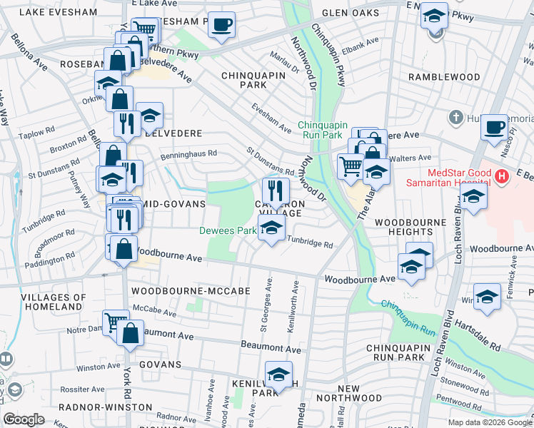 map of restaurants, bars, coffee shops, grocery stores, and more near 5543 Lothian Road in Baltimore