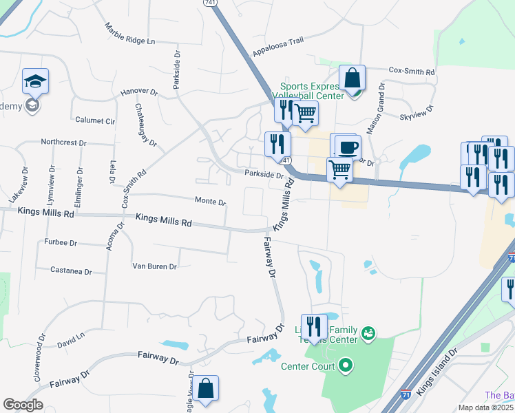 map of restaurants, bars, coffee shops, grocery stores, and more near 1500 Parkside Lane in Mason