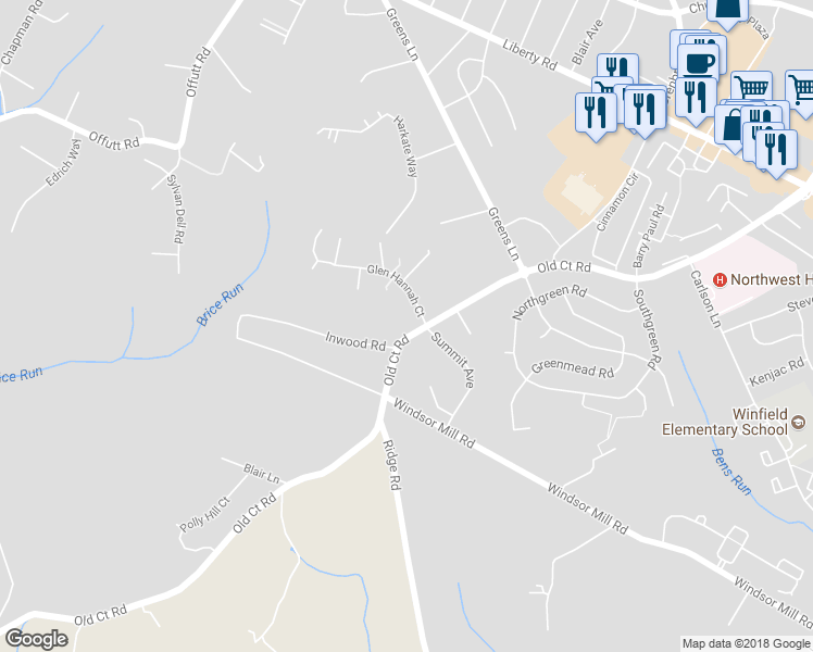 map of restaurants, bars, coffee shops, grocery stores, and more near 5704 Old Court Road in Randallstown