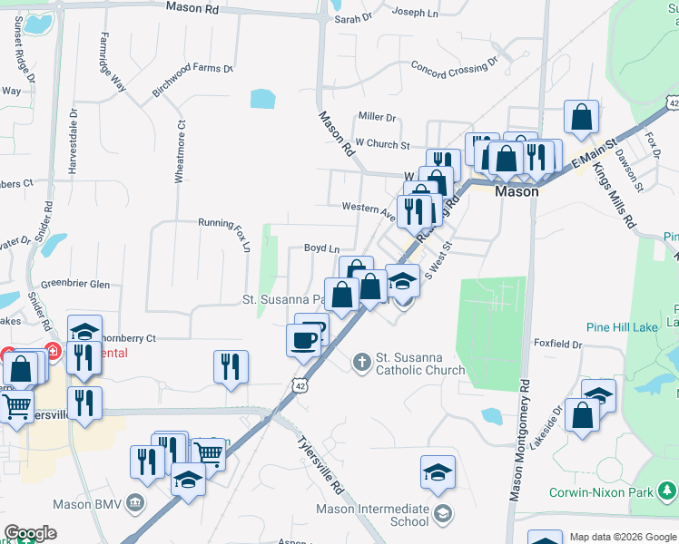 map of restaurants, bars, coffee shops, grocery stores, and more near 106 East Circle Drive in Mason