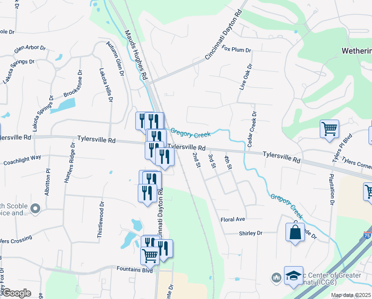 map of restaurants, bars, coffee shops, grocery stores, and more near 6957 Tylersville Road in Butler County
