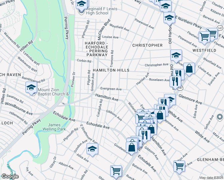 map of restaurants, bars, coffee shops, grocery stores, and more near 5507 Tramore Road in Baltimore
