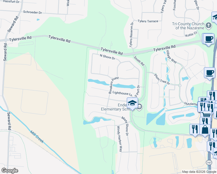 map of restaurants, bars, coffee shops, grocery stores, and more near 4272 Lighthouse Lane in Butler County