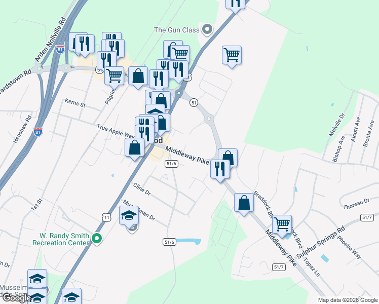 map of restaurants, bars, coffee shops, grocery stores, and more near 209 Middleway Pike in Inwood