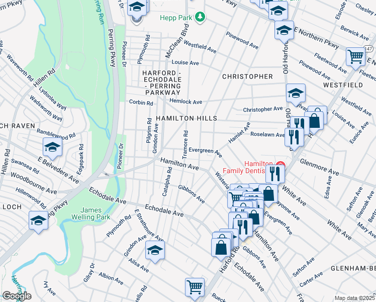 map of restaurants, bars, coffee shops, grocery stores, and more near 5507 Tramore Road in Baltimore