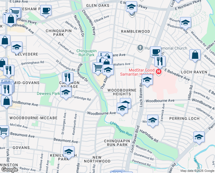 map of restaurants, bars, coffee shops, grocery stores, and more near 5607 The Alameda in Baltimore