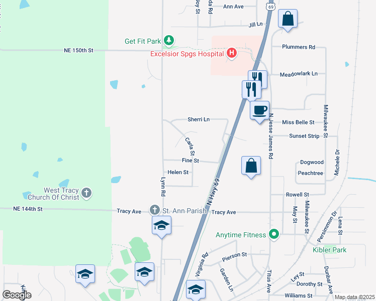 map of restaurants, bars, coffee shops, grocery stores, and more near 204 Carla Street in Excelsior Springs