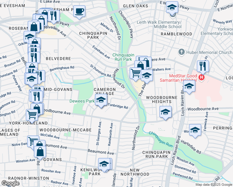 map of restaurants, bars, coffee shops, grocery stores, and more near 1031 Upnor Road in Baltimore