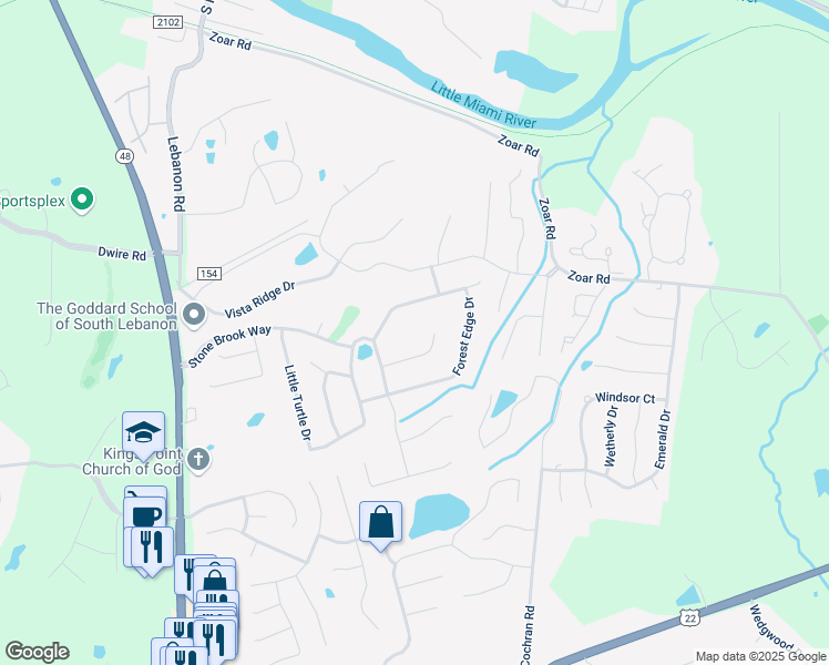 map of restaurants, bars, coffee shops, grocery stores, and more near 518 Stoney Path Court in South Lebanon