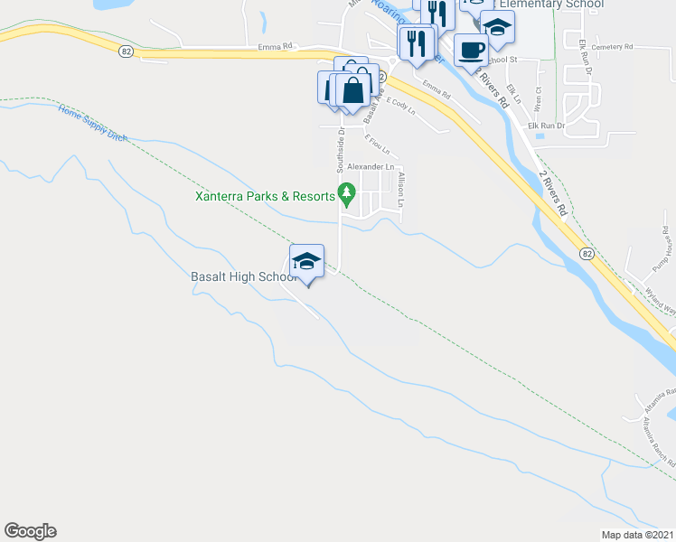 map of restaurants, bars, coffee shops, grocery stores, and more near 492 Southside Drive in Basalt