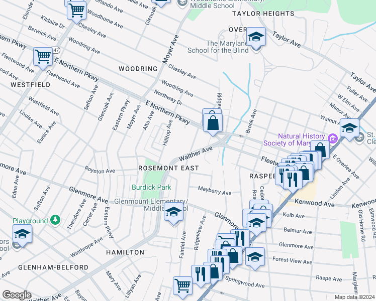 map of restaurants, bars, coffee shops, grocery stores, and more near 6600 Fairdel Avenue in Baltimore