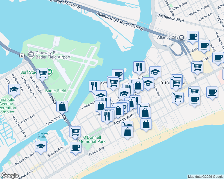map of restaurants, bars, coffee shops, grocery stores, and more near 205 North Chelsea Avenue in Atlantic City